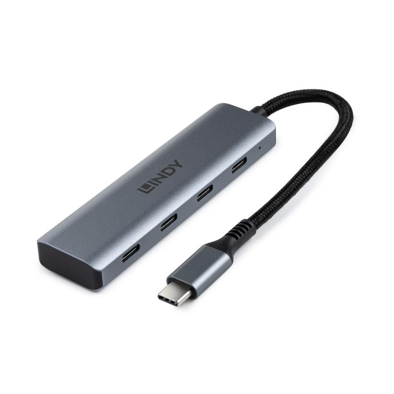 Hub Lindy USB 3.2 4 Port, latime de banda suportata: 10 Gbps, chipset Chipset: AW3410 + GL3590, lungime cablu 150mm, gri