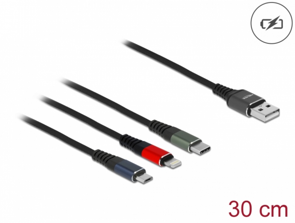 Cablu Incarcare 3in1 Delock 0.3m Lightning/USB-C/Micro