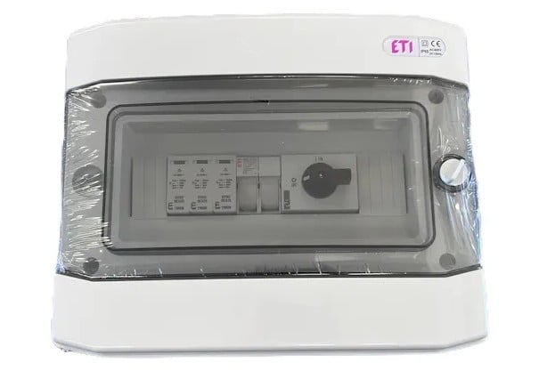 Cutie distributie asamblata PV ETI, 1 intrare, 1100V DC, 16A, 12 module, Tablou electric RFVE1100/12-DC1/1-16-EMT2-VRO