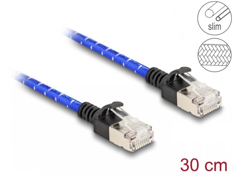 Cablu Delock RJ45 Cat.6A 0.3m Slim FTP Albastru
