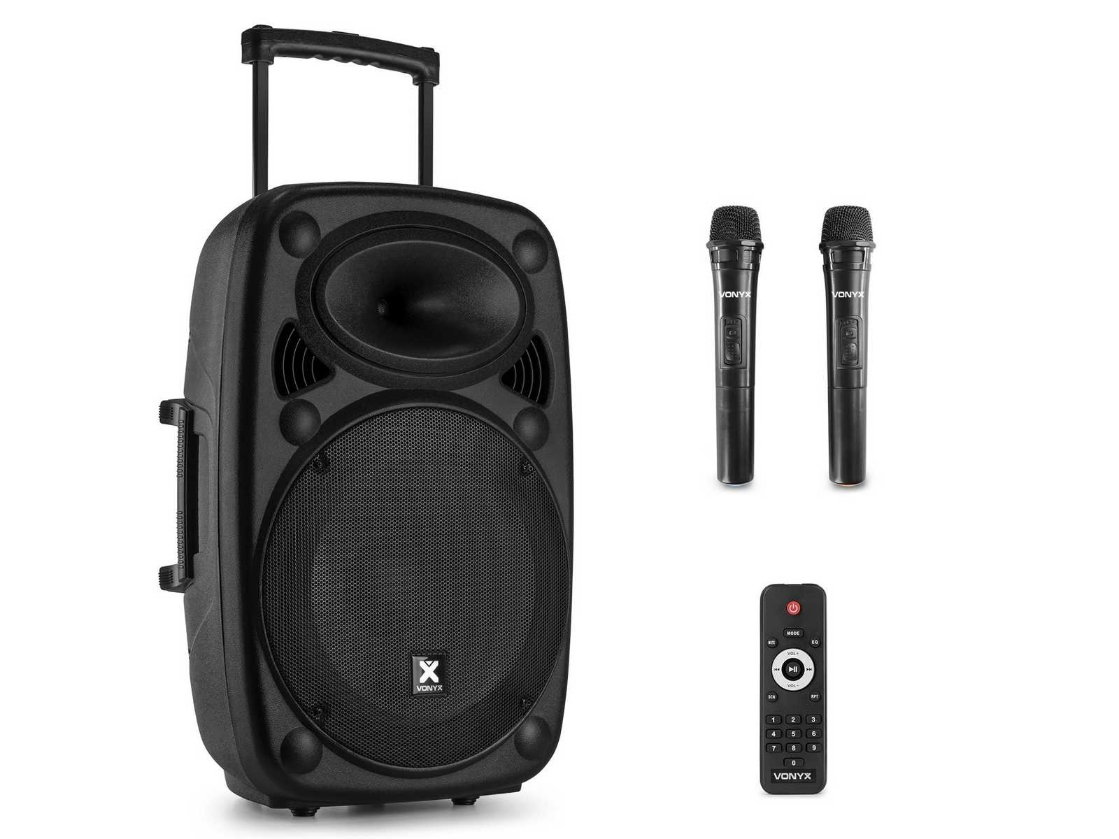 Boxa portabila, 2 microfoane UHF, 500W RMS, 15 inch, Bluetooth, USB, slot SD, RCA, negru, Vonyx VERVE46
