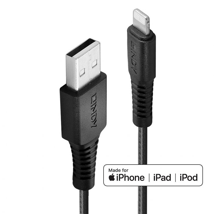 Cablu Lightning Lindy 3M, Armat, Încărcare Rapidă - imagine 2