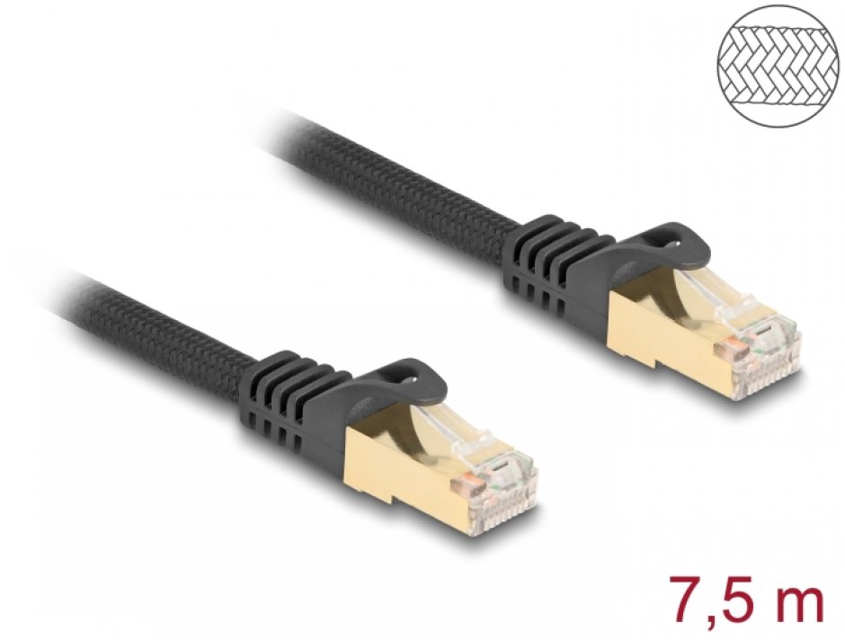 Cablu Delock 80321 Cat.6A 7.5m S/FTP Brațat Negru