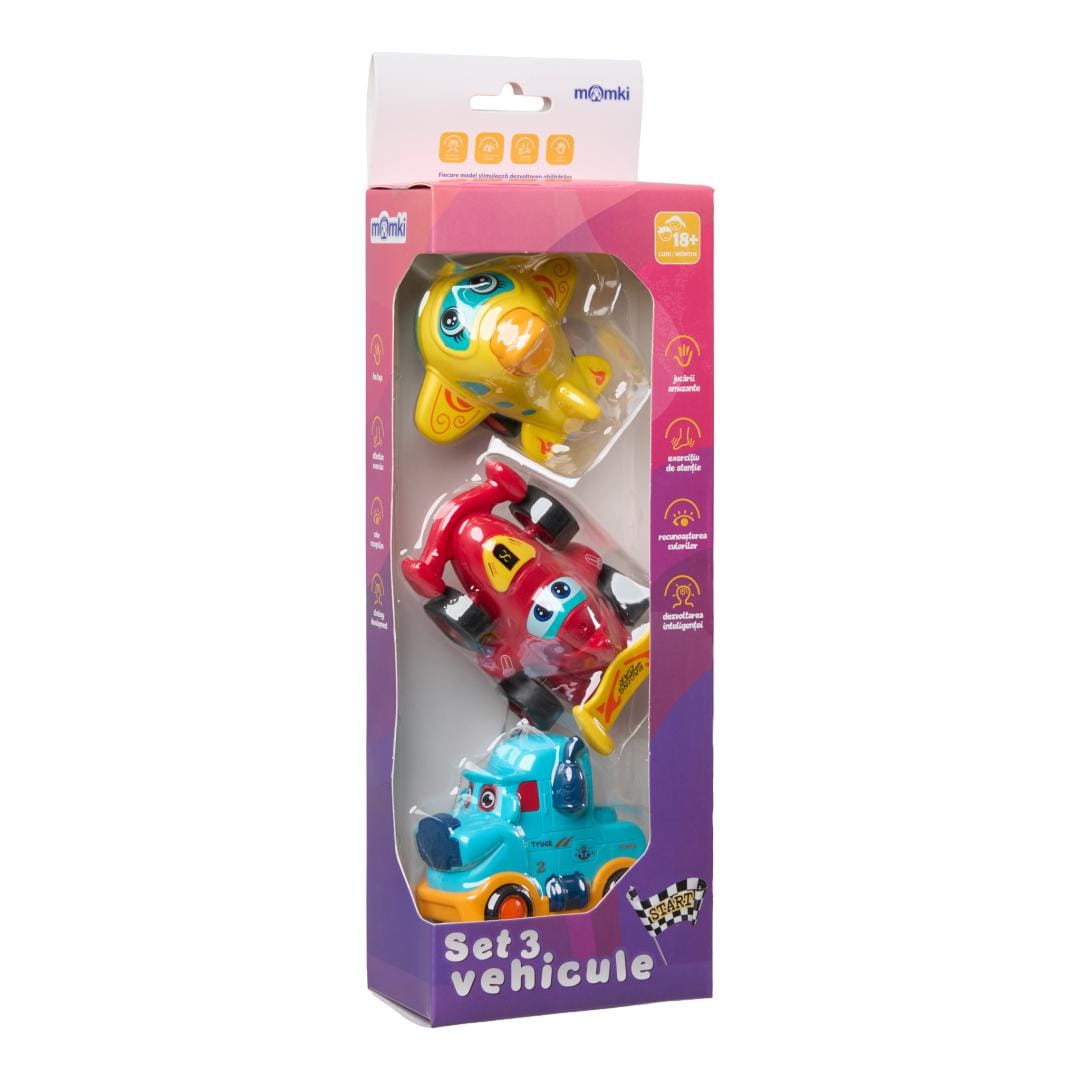 Set 3 Vehicule Inertie Momki - Camion, Masina Curse, Avion - imagine 4