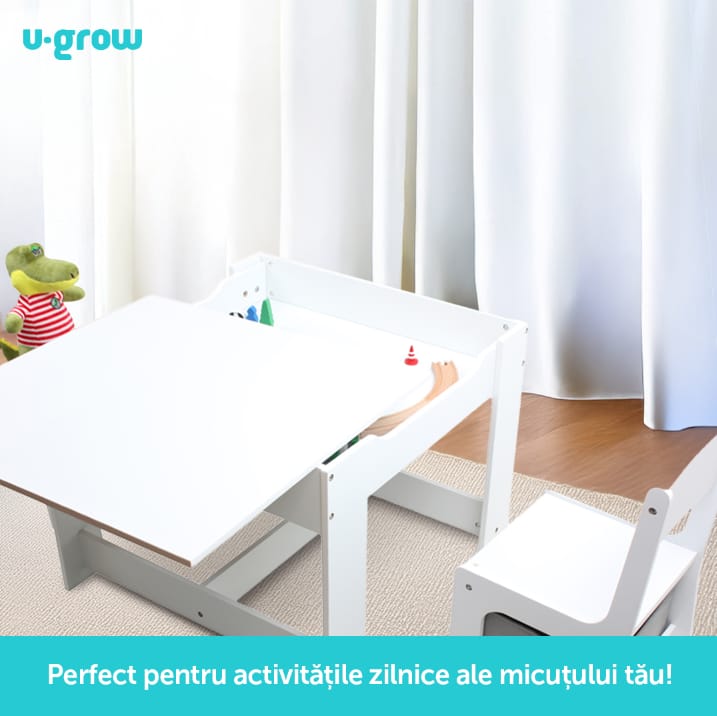 Set Masuta si 2 Scaune Copii Alb U-Grow - Tabla Creta - imagine 9