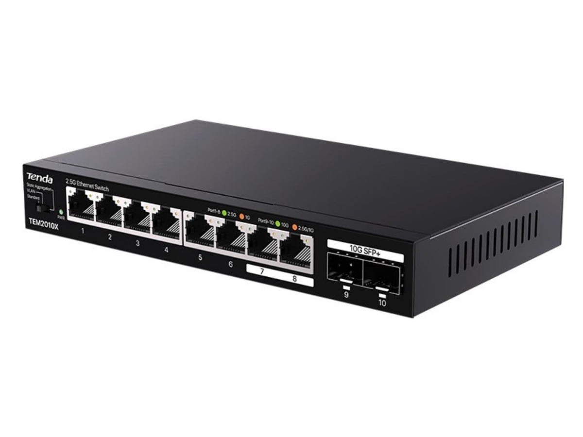 Switch retea Tenda TND-TEM2010X, 8 porturi 2.5GbE RJ45, 2 porturi 10GE SFP+, fara management, VLAN, agregare statica, metal, 80Gbps