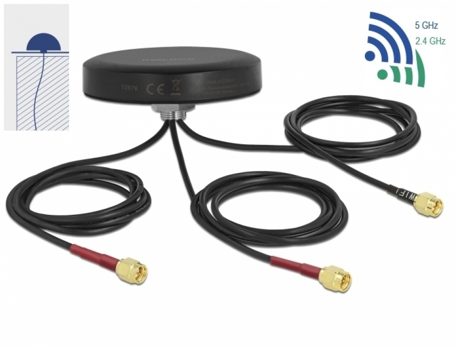 Antena LTE Dual Band Delock, IP67, 3x SMA