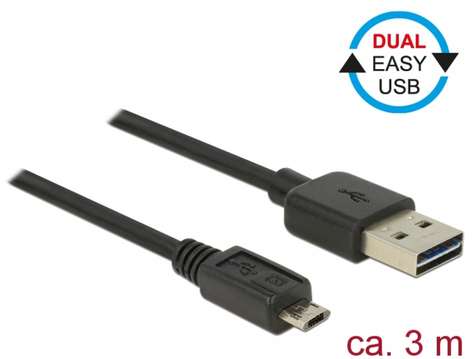 Cablu USB 2.0 Micro-B Delock 3m, Negru, Conectare Reversibilă