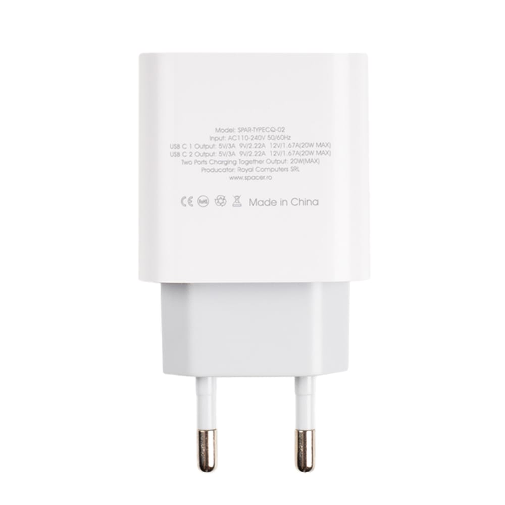 Alimentator SPACER 2x USB-C PD 20W - Încărcare Rapidă Duală - imagine 9