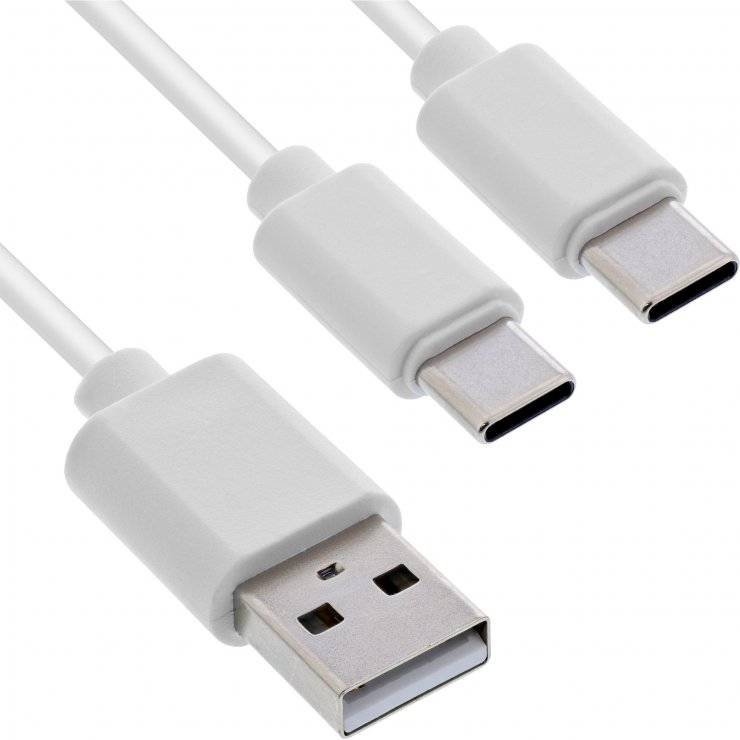Cablu InLine USB-A la 2xUSB-C 1m Alb, Încărcare Duală 25W