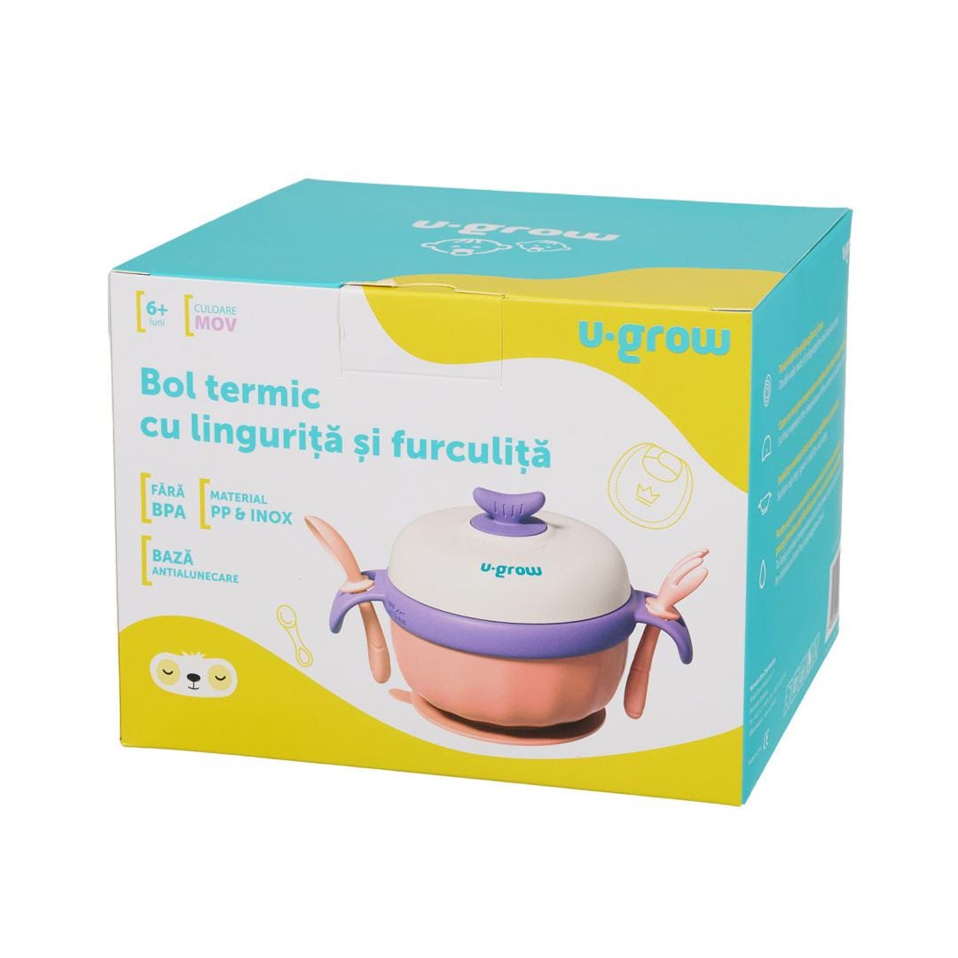 Bol Termic Bebe U-Grow Mov cu Lingurita si Furculita - imagine 7
