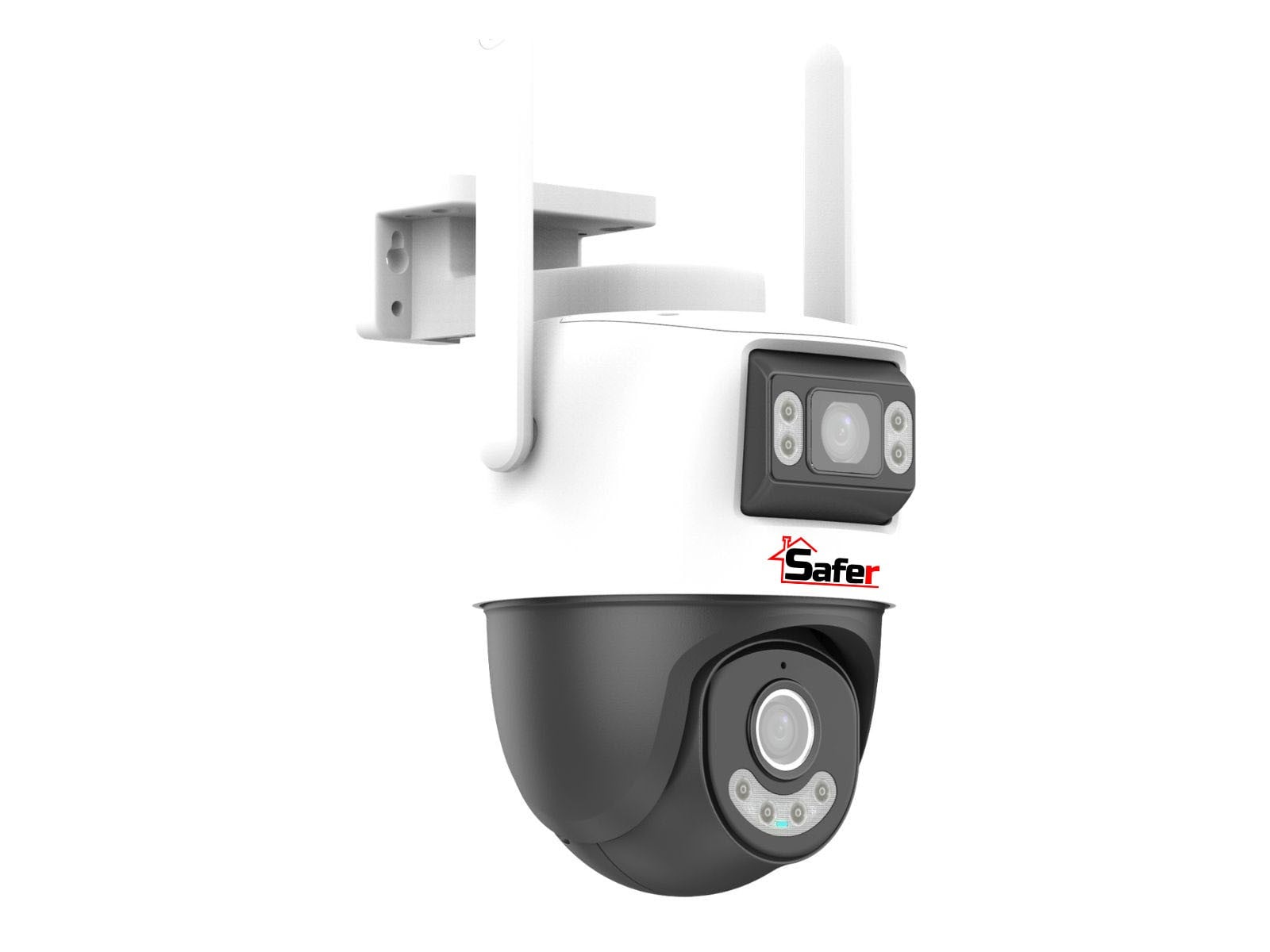 Camera supraveghere exterior Safer, 5MP+5MP, dual-lens, rotire PT, Wi-Fi, audio bidirectional, alarma, IR+LED 30 m, slot microSD, IP66, SAF-P2S-5MP