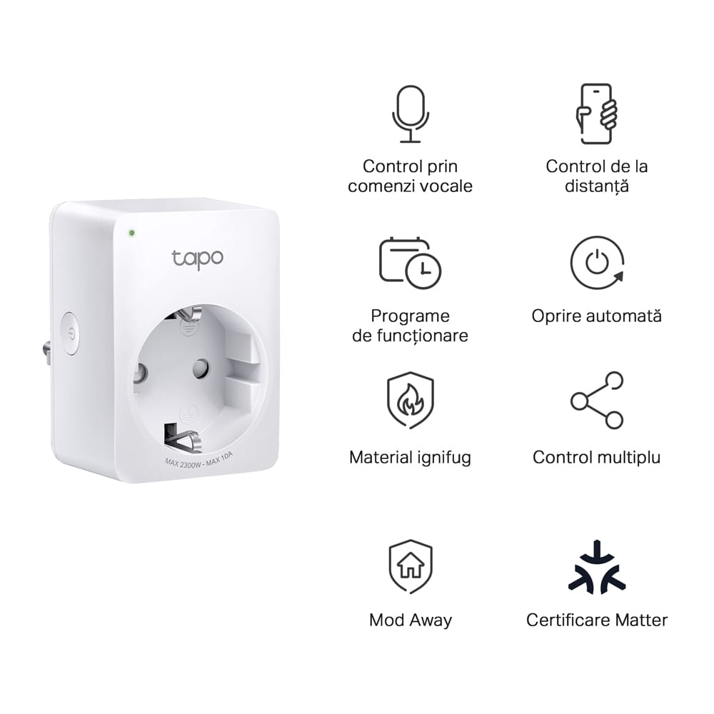 Priză Inteligentă TP-Link Tapo P100M Matter WiFi Alb - imagine 3