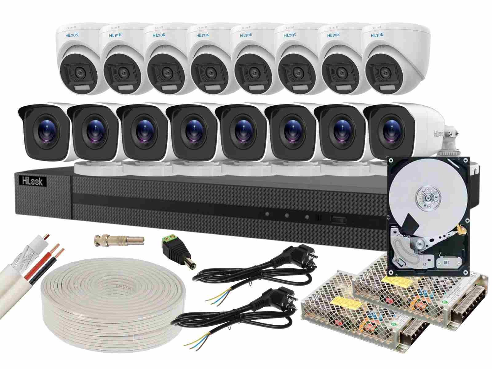 Kit supraveghere 16 camere Hikvision HiLook cu DVR și HDD
