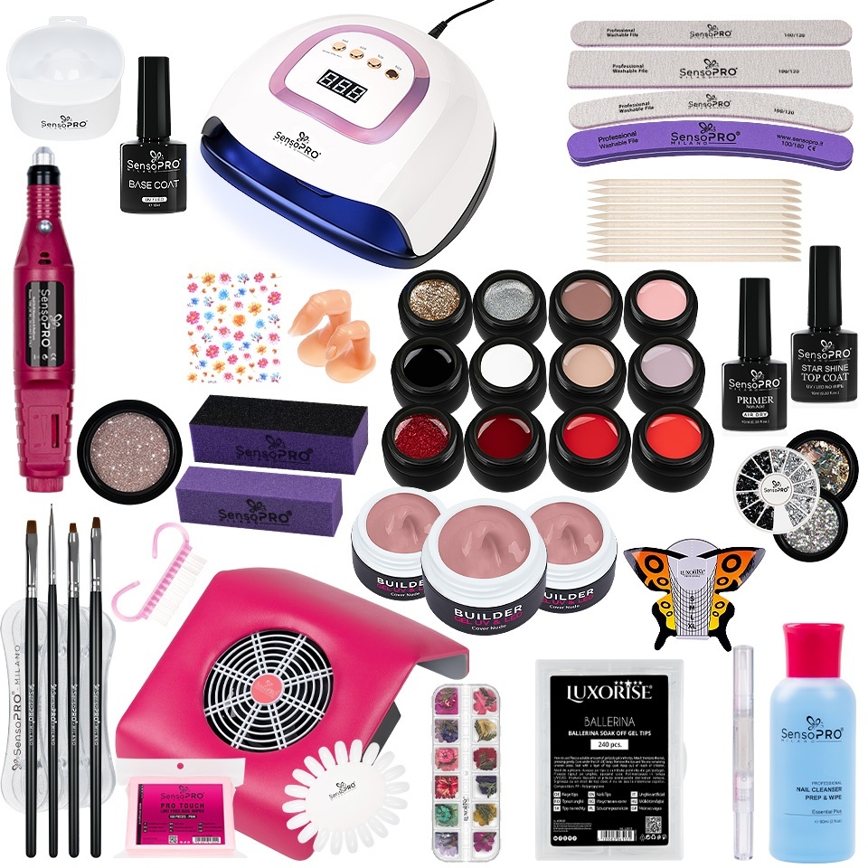 Kit Unghii Gel UV SensoPRO, Lampa 140W, Freza si Cadouri - imagine 2