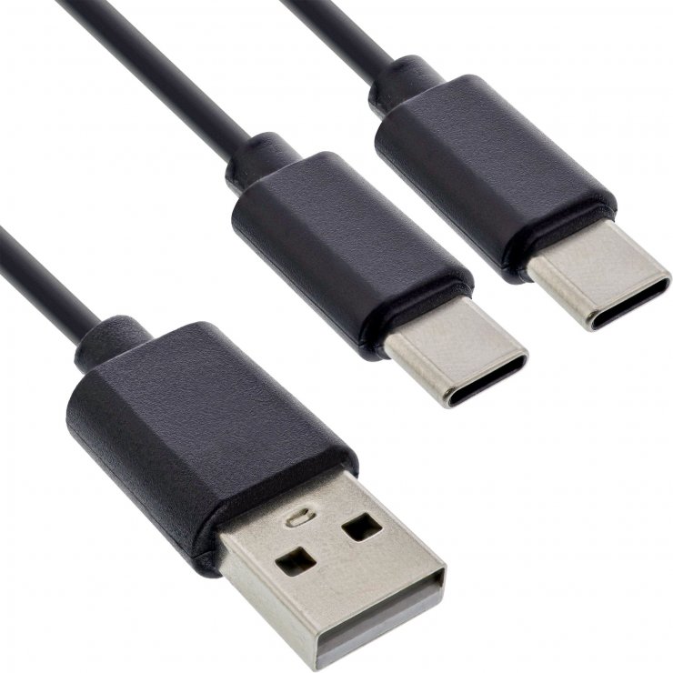 Cablu InLine USB-A la 2xUSB-C 1m Negru, Încărcare Duală 25W