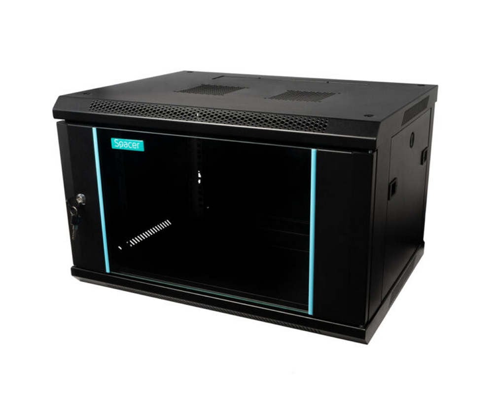 Rack perete 6U, 19″ 600x450mm, usa sticla cu blocare, panouri detasabile, SPACER SPCW-6U-450-BK-03