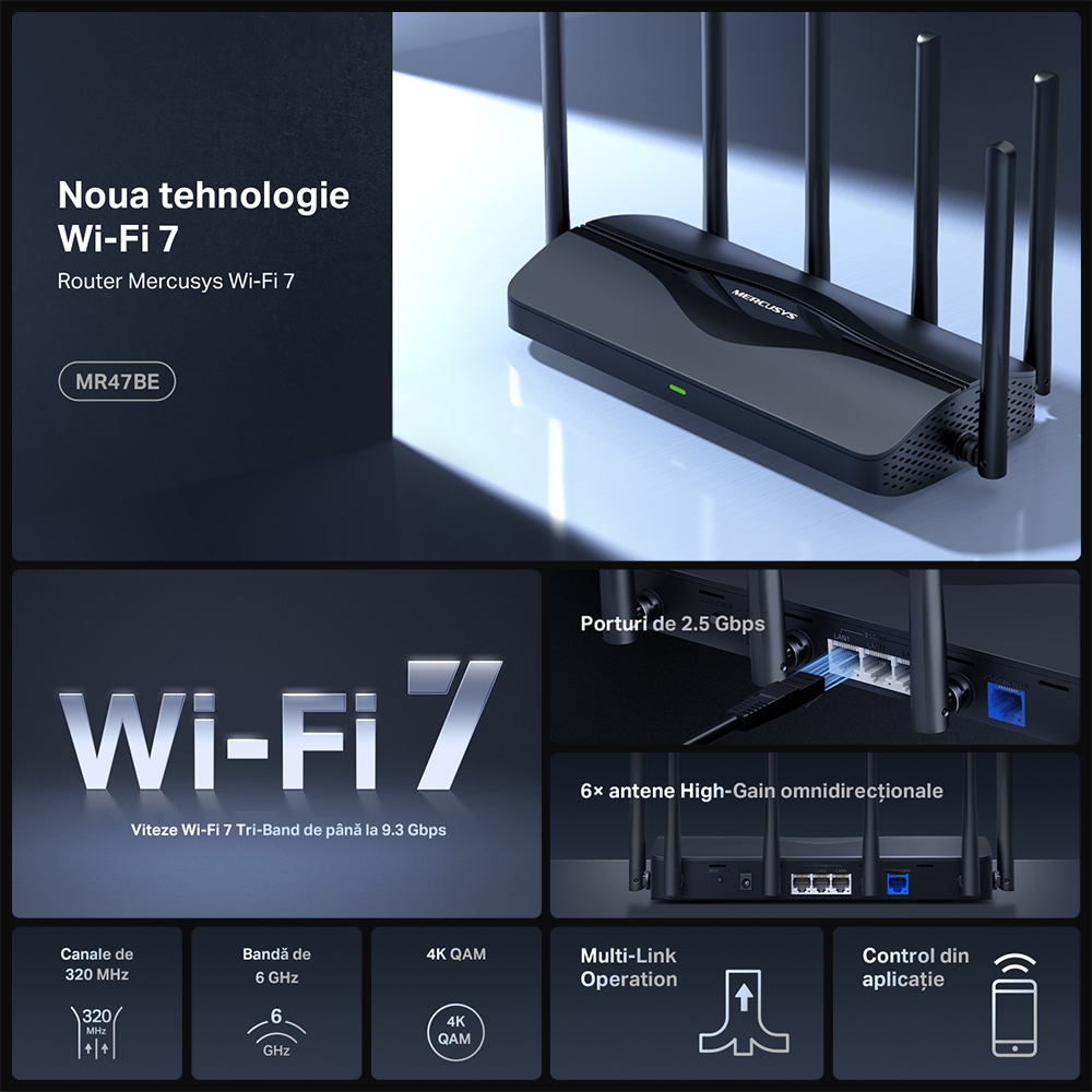 Router Wi-Fi 7 Mercusys MR47BE BE9300 Tri-Band 2.5G - imagine 3