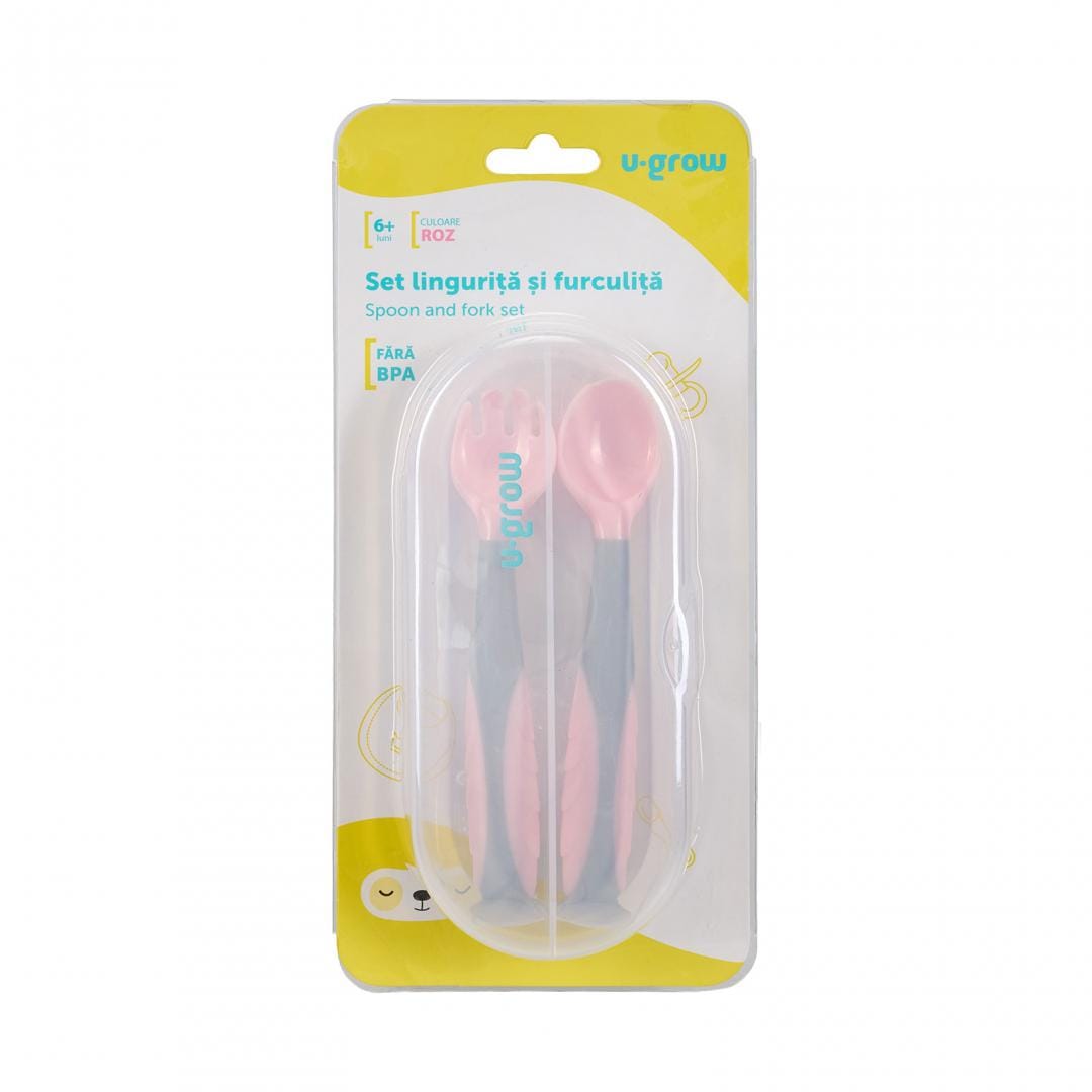 Set Tacâmuri Bebeluși Roz U-Grow - Linguriță și Furculiță Ergonomică - imagine 5