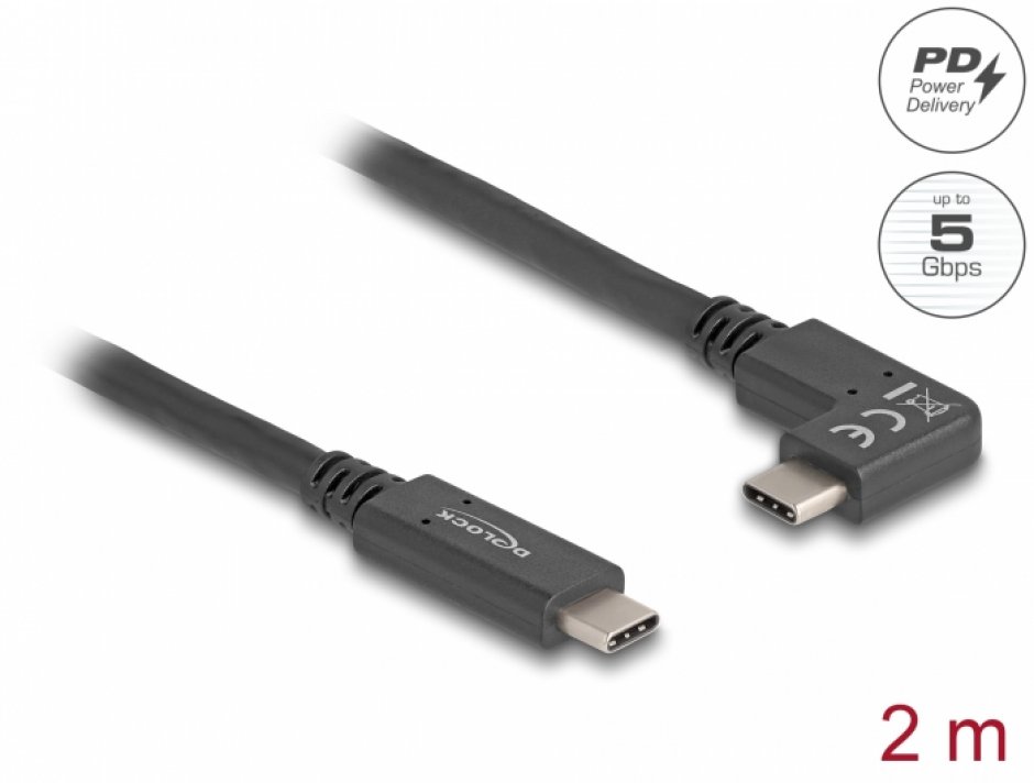 Cablu USB-C Delock 2m, 4K@60Hz, 60W, Unghi Drept