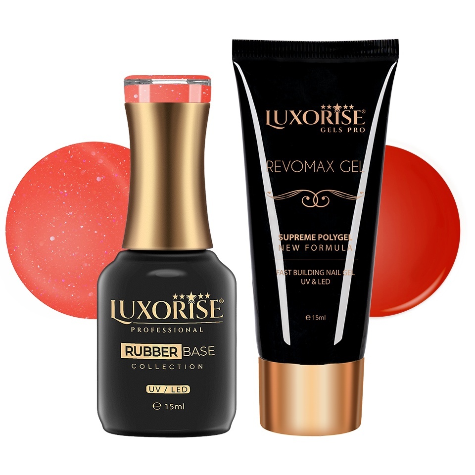 Set Polygel și Rubber Base Hibiscus Flame LUXORISE, 2x15ml