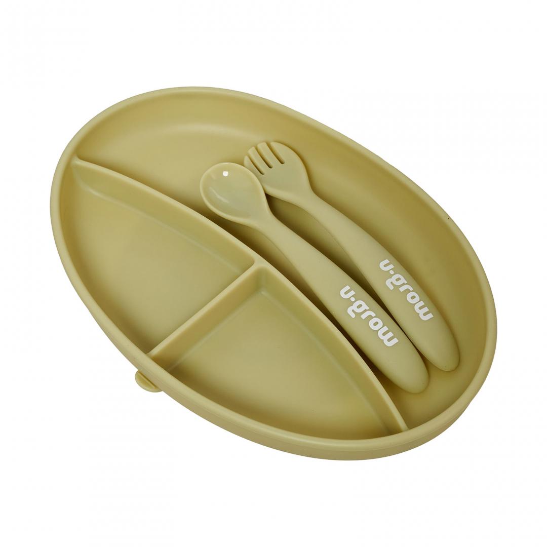 Set Farfurie Silicon U-GROW Olive cu Tacâmuri pentru Bebeluși - imagine 2