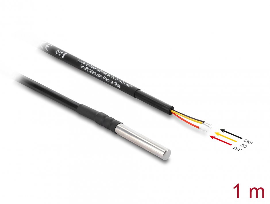 Senzor temperatură DS18B20 Delock 91407, 3 fire, 1 m, IP67
