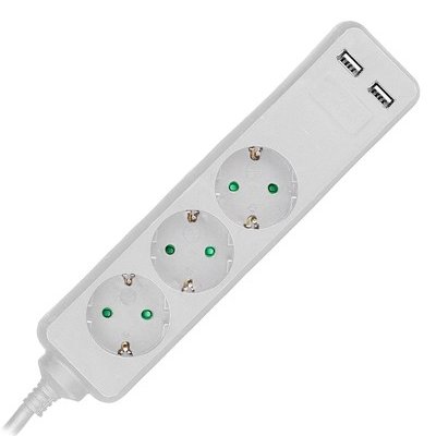 Prelungitor V-TAC 3 căi+USB, 1.5m