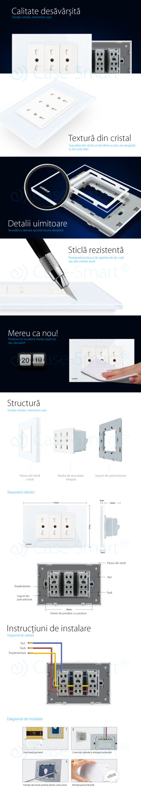 Priză Triplă Italiană Livolo cu Ramă Sticlă - imagine 2