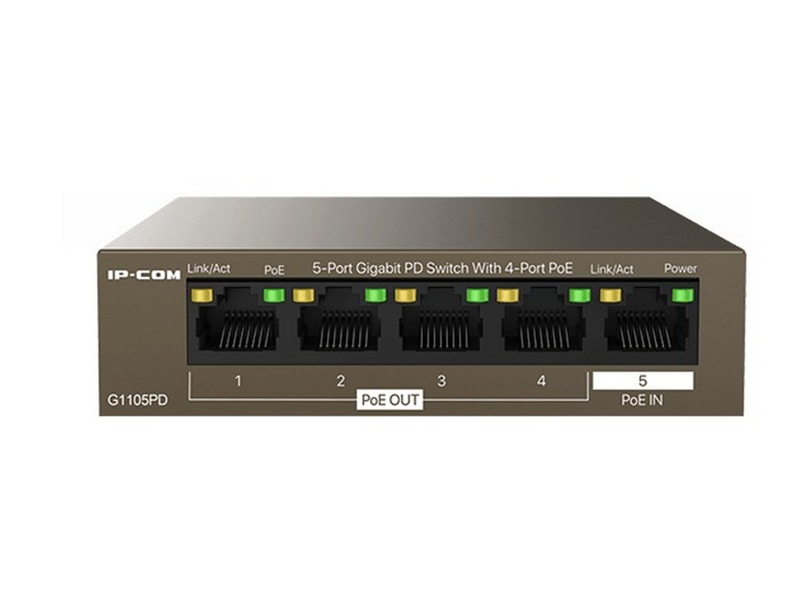 Switch PoE IP-COM G1105PD, 5 porturi Gigabit, 4xPoE OUT, 1xPoE+ IN, 22W, Plug Play, protectie 6kV