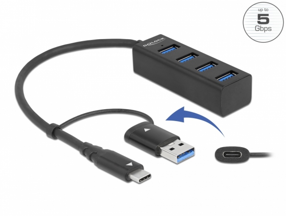 Hub USB 3.2 Delock 4x Porturi Metalic A+C