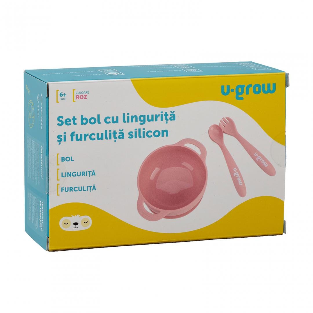 Set Hranire Bebe Silicon Roz U-Grow - Bol 350ml + Tacamuri - imagine 4