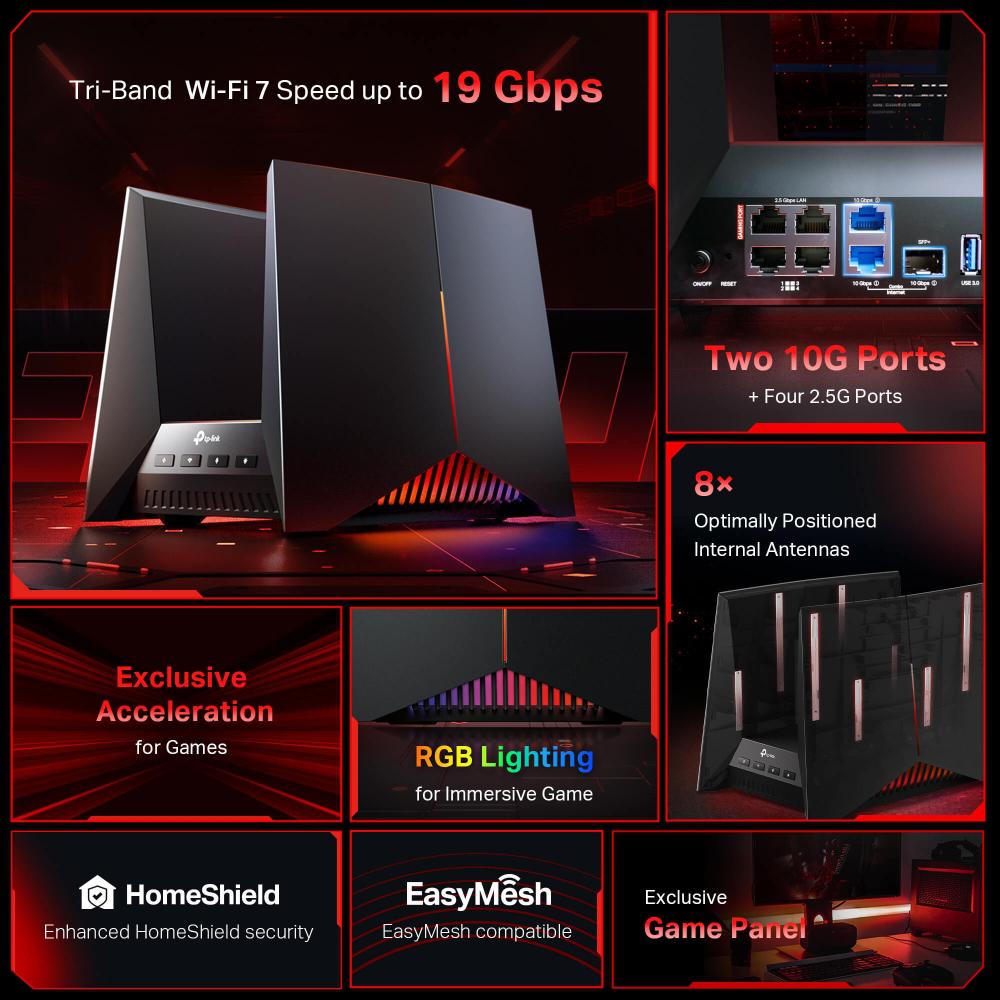 Router WiFi 7 TP-Link Archer GE800 Tri-Band 19Gbps Gaming - imagine 4