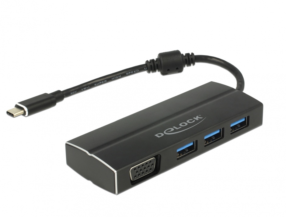 Adaptor USB-C la VGA Delock + 3x USB 3.0