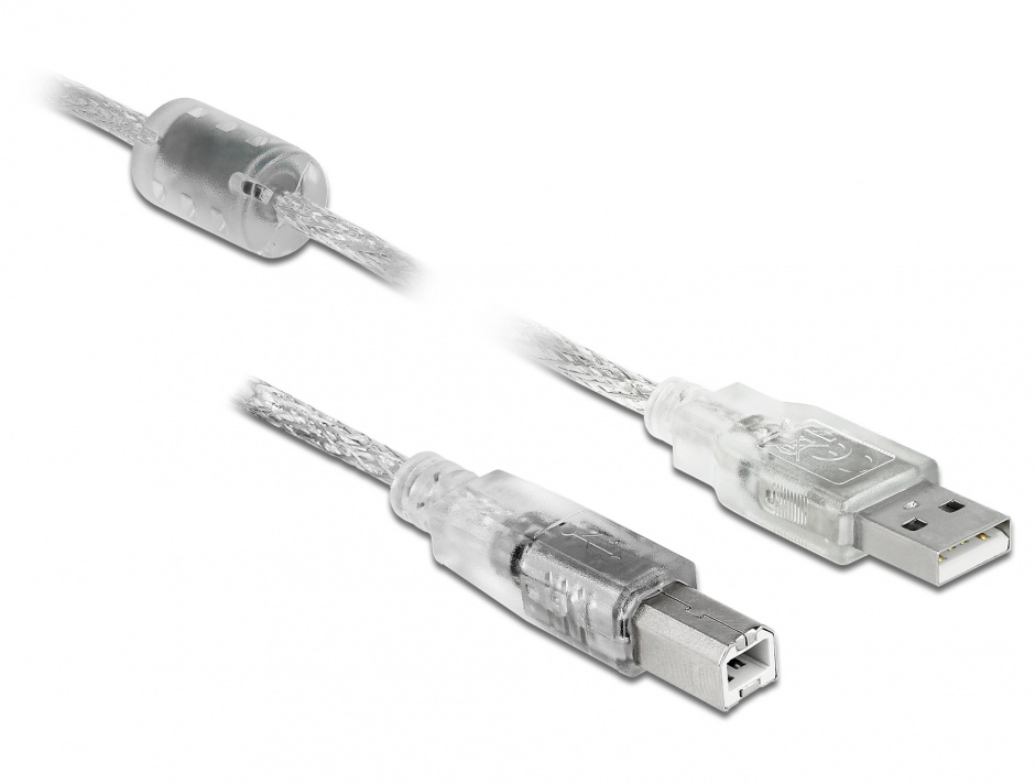 Cablu USB 2.0 A-B 2m Transparent cu Ferita Delock