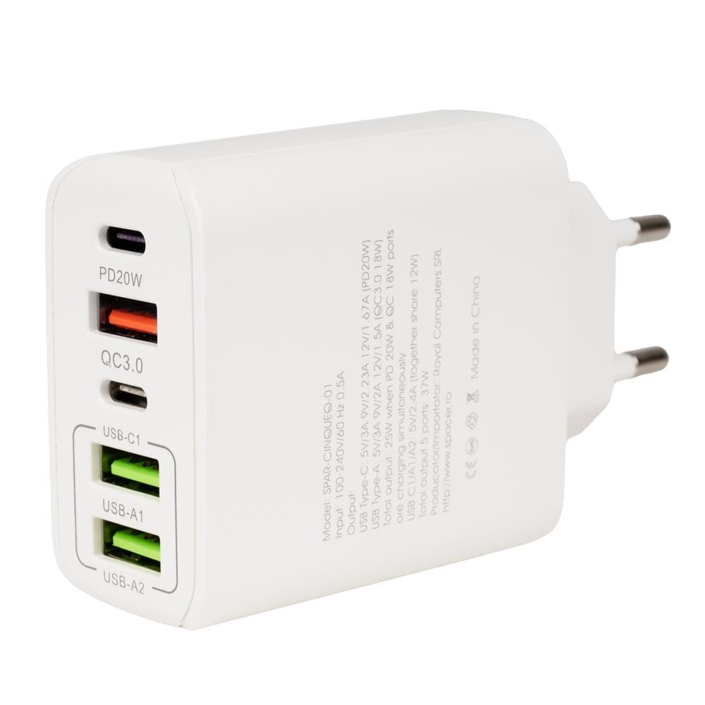 Încărcător Rețea Spacer QC 38W, 5 Porturi USB, Alb - imagine 3