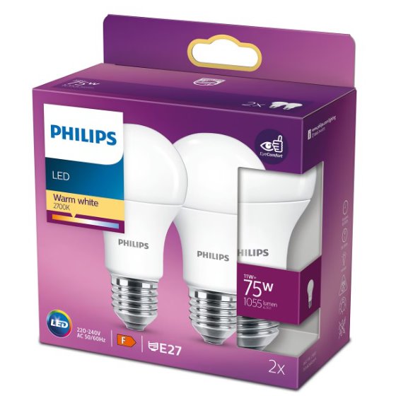 Becuri LED Philips A60 11W, E27, 2 bucăți
