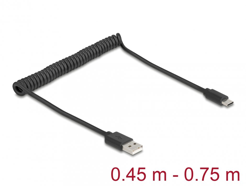 Cablu Spiralat USB-A la Type-C Delock 0.75m