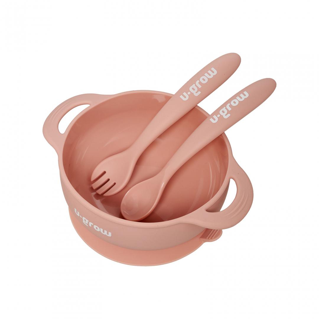 Set Hranire Bebe Silicon Roz U-Grow - Bol 350ml + Tacamuri