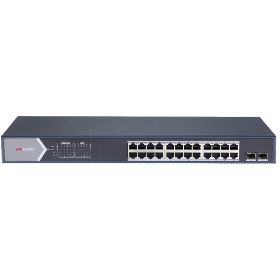 Switch PoE 24 Porturi Hikvision 370W, Gigabit + Fibra
