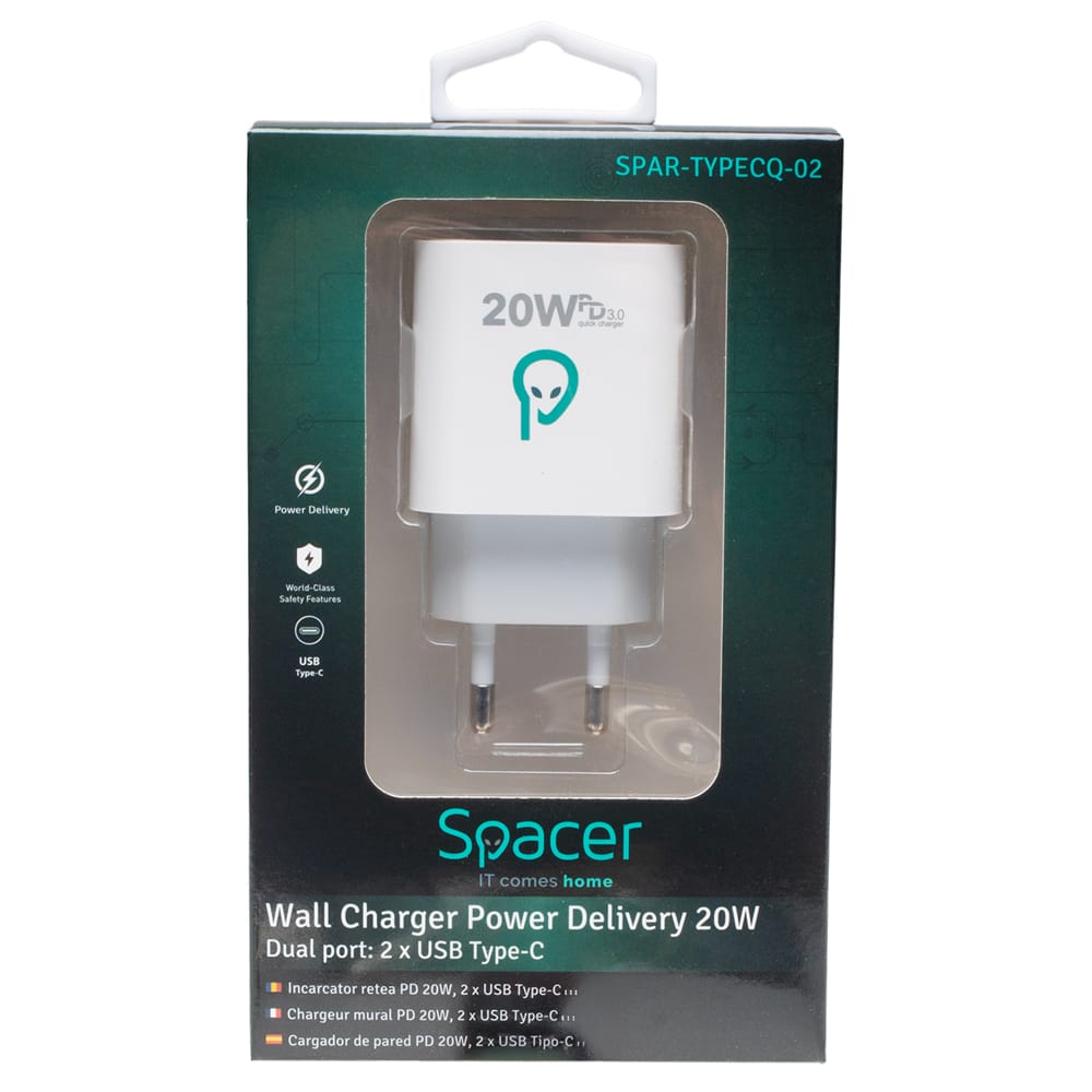 Alimentator SPACER 2x USB-C PD 20W - Încărcare Rapidă Duală - imagine 10
