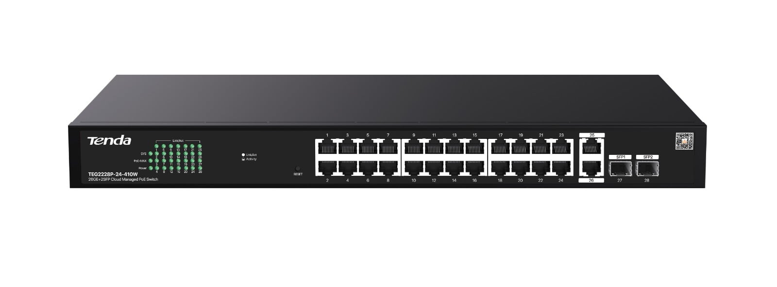 Switch PoE+ Tenda 24 Porturi, 370W, Gigabit, 2 SFP, Cloud
