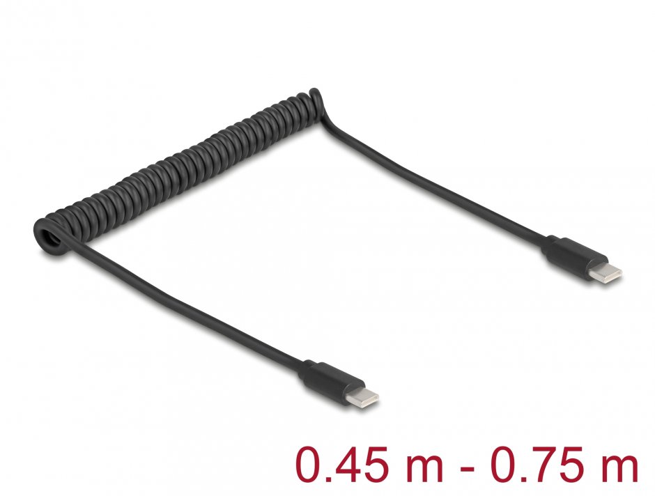 Cablu Spiralat USB-C Delock, Extensibil 0.75m