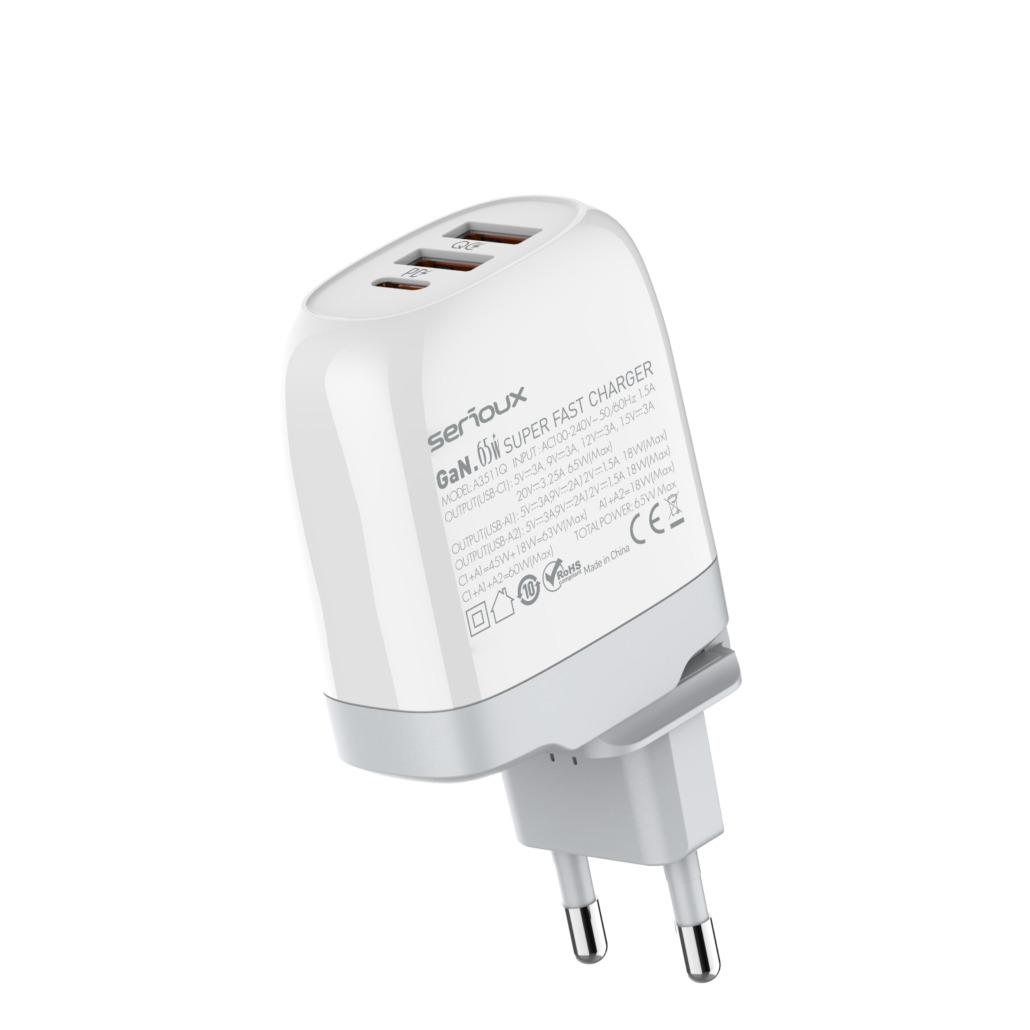 Încărcător Serioux 65W GaN QC - 3 Porturi, Compact și Rapid
