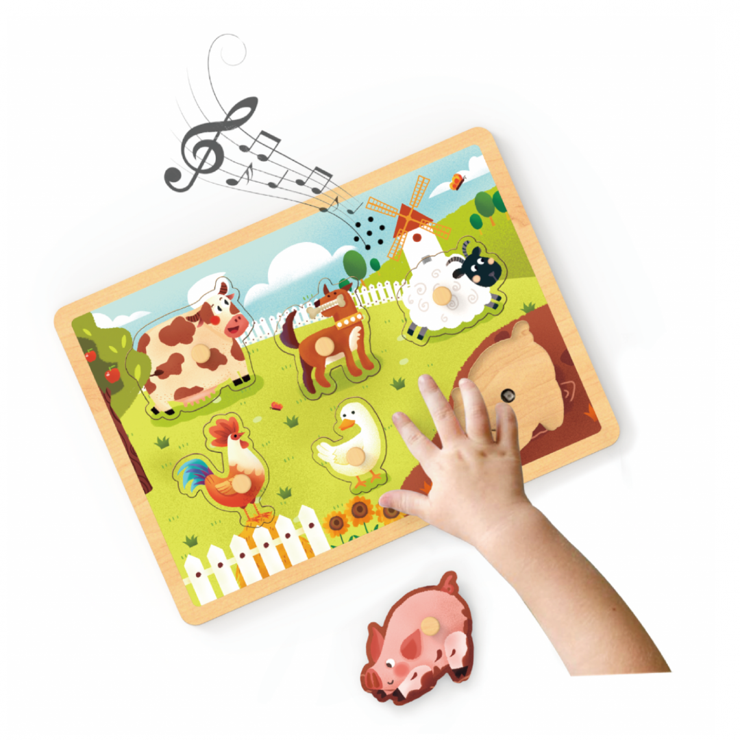Tablă Lemn cu Sunete Animale Momki - Puzzle Audio Educațional