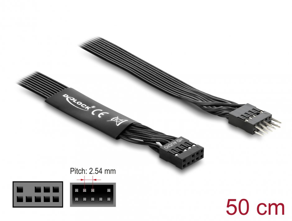 Cablu prelungitor HD Audio Flat placa baza pin header 9 pini M-T 0.5m Negru, Delock 86055