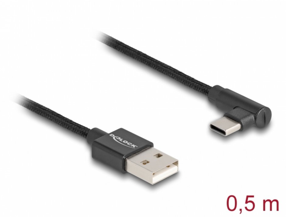 Cablu Delock USB 2.0 A la C, Unghi, 0.5m, Negru