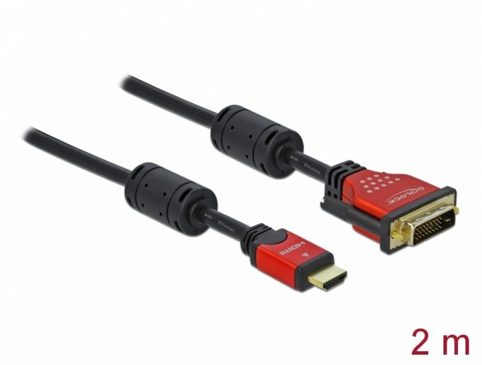 Cablu HDMI la DVI-D Dual Link 2m, Delock Premium