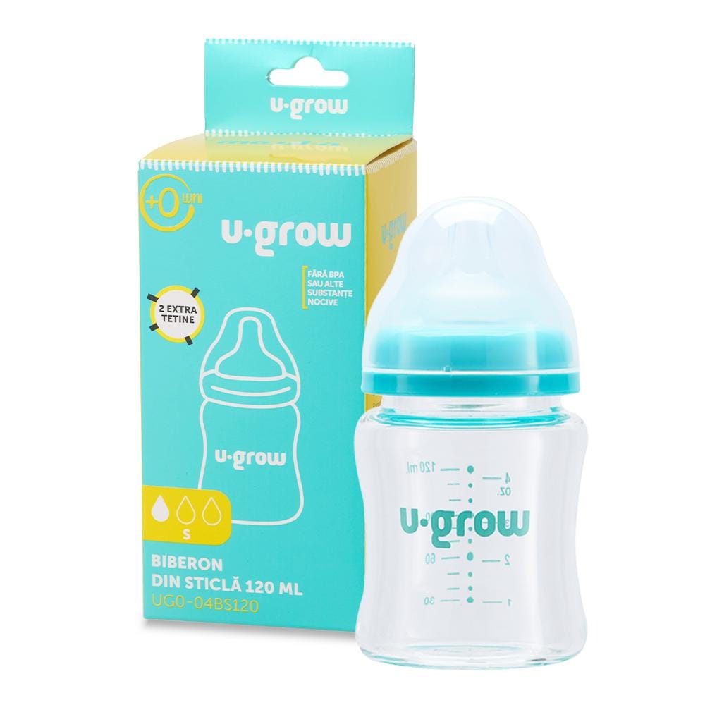 Biberon Sticlă 120ml U-Grow + 2 Tetine Extra | Sigur pentru Bebeluși - imagine 2