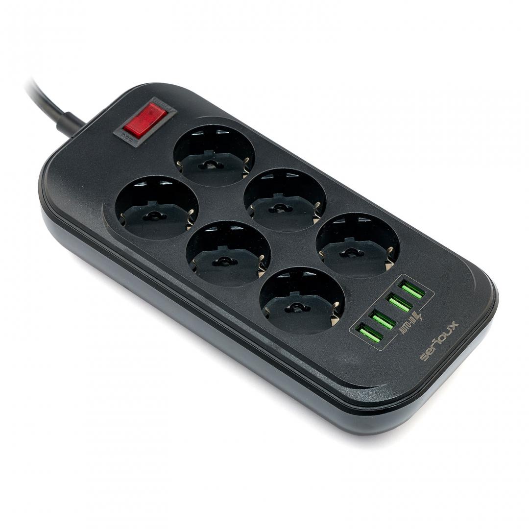 Prelungitor Serioux 6 Prize + 4 USB, 2500W, Protecție Sigură - imagine 2